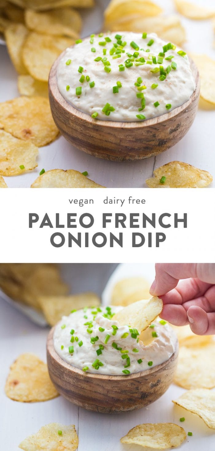 Paleo and vegan french onion dip in a wood bowl surrounded by potato chips.