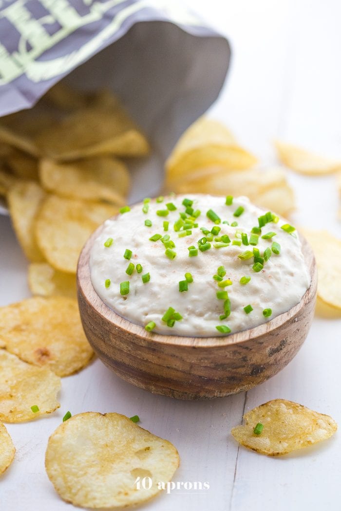 This paleo French onion dip is easy, delicious, and perfect with potato chips for a paleo appetizer. This Paleo French onion dip is absolutely bound to become one of your favorite paleo dips and it's just in time for summer!