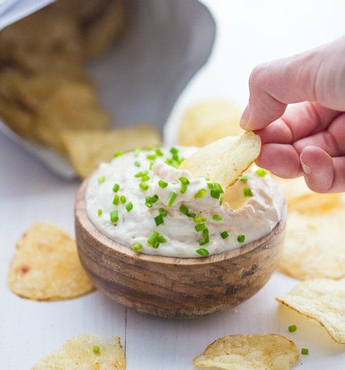This paleo French onion dip is easy, delicious, and perfect with potato chips for a paleo appetizer. This Paleo French onion dip is absolutely bound to become one of your favorite paleo dips and it's just in time for summer!