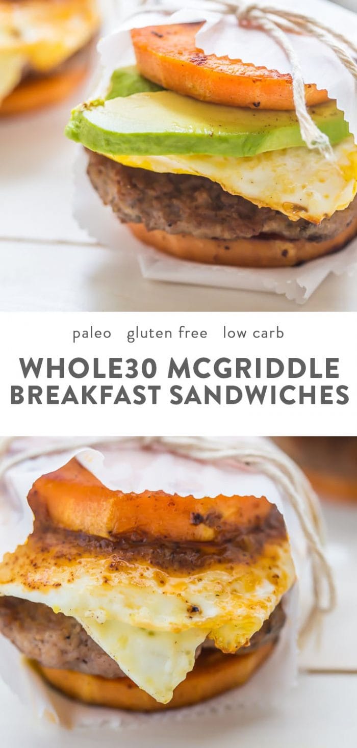 Whole30 breakfast sandwiches with sausage, egg, avocado, and a gluten free tomato "bun".