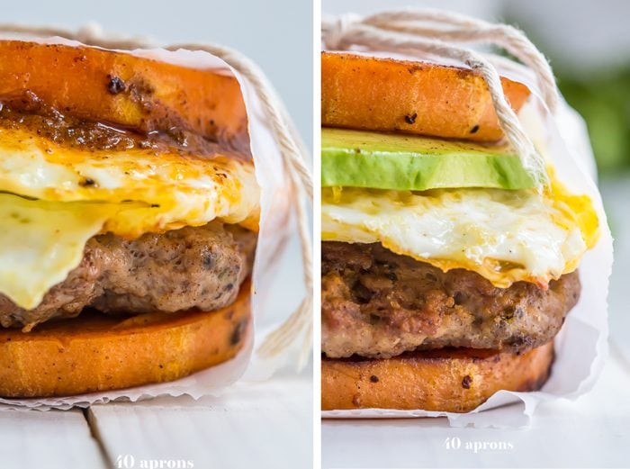 These Whole30 breakfast sandwiches are easy to make and insanely good. Buttery sweet potato buns layered with Whole30 breakfast sausage, fried egg, and avocado or quick Whole30 chipotle aioli, they're about to be your favorite Whole30 breakfast.