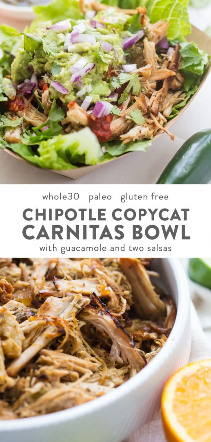 Chipotle copycat paleo and whole30 carnitas bowl with guacamole in a brown take-out bowl.