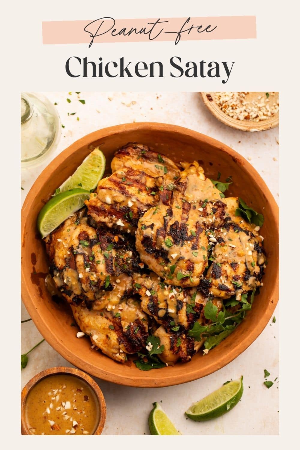 Pinterest pin for peanut-free chicken satay with overhead bowl shot and text overlay