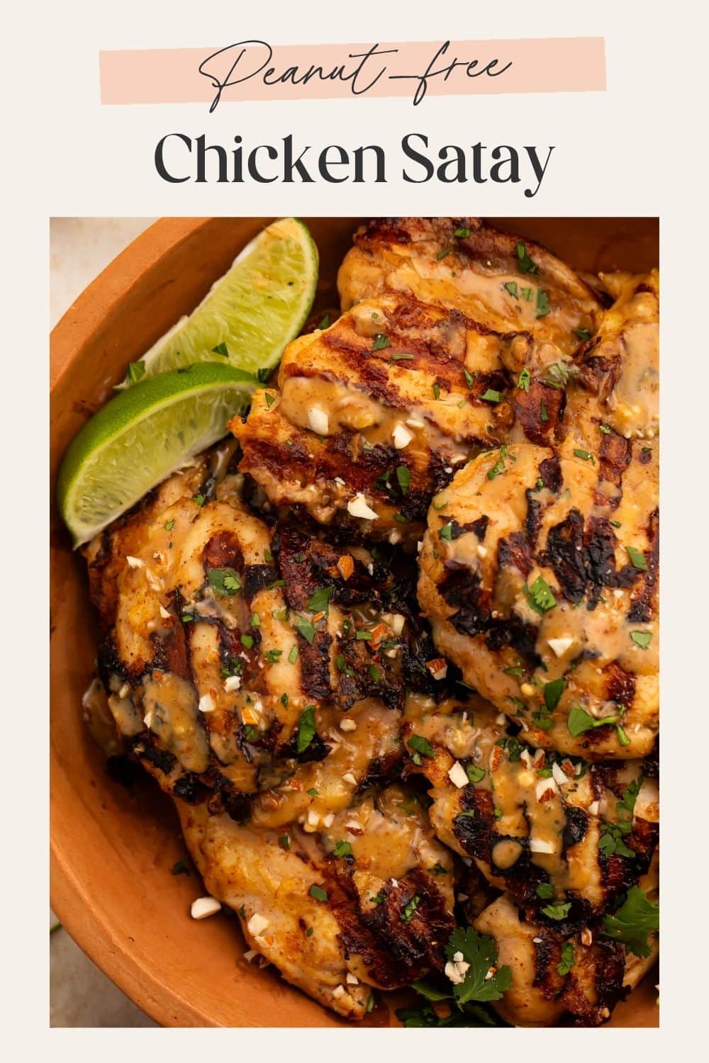 Pinterest pin for peanut-free chicken satay with close-up bowl shot and text overlay