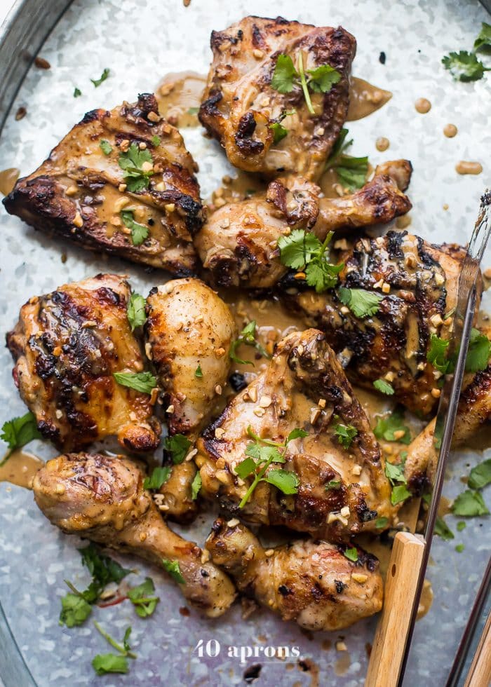 This grilled peanut-free chicken satay tastes just like the Thai classic but without any peanuts. It comes together quickly and won't heat up the kitchen, making it bound to be one of your favorite grilled paleo or grilled Whole30 recipes. This peanut-free chicken satay is stinkin' delicious!