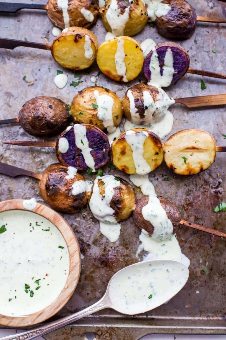 Grilled Red, White, and Blue Potato Skewers with Ranch Dressing (Paleo, Whole30, Vegan)