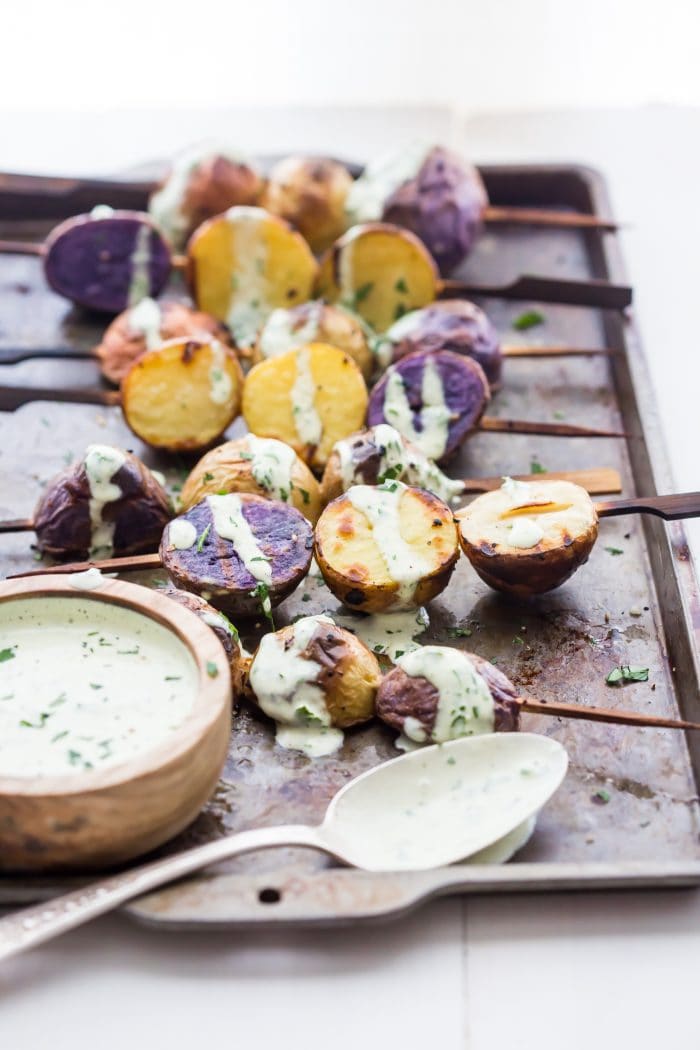 Grilled red white and blue potato skewers