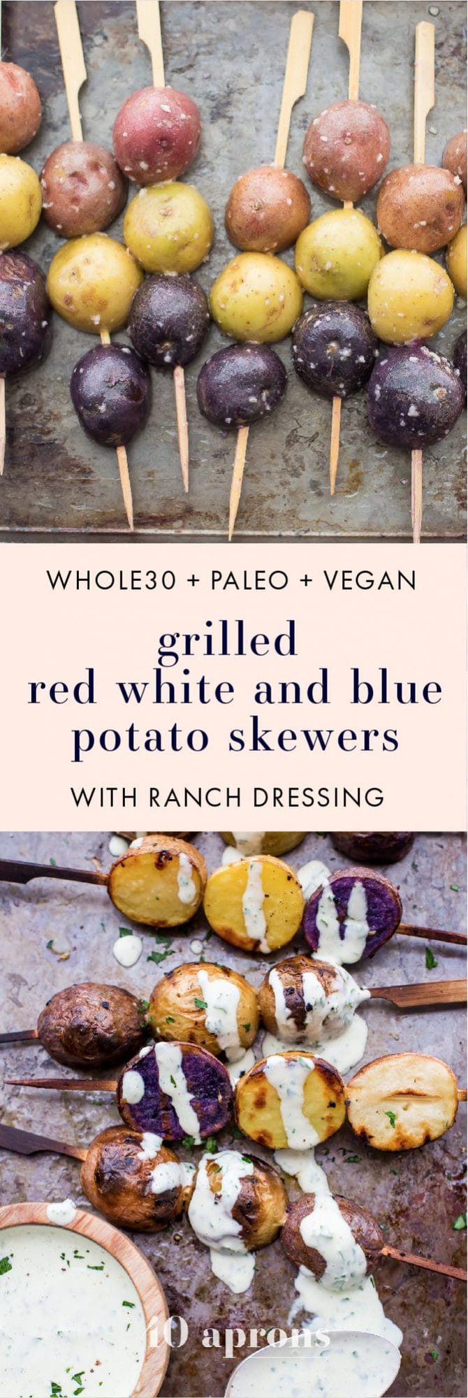 One of the best red, white, and blue side dishes! These grilled red, white, and blue potato skewers with ranch dressing are the perfect patriotic side dish. Garlicky, packed with flavor, and festive yet elegant, they go so well with burgers or brauts on the grill! One of the best red, white, and blue side dishes, these Whole30 potato skewers with ranch dressing are just delicious.