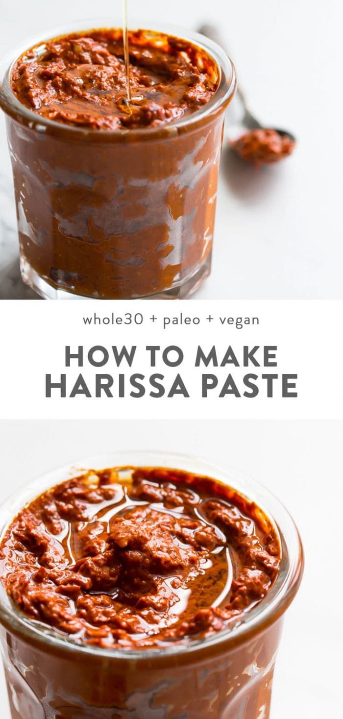 Homemade paleo and vegan harissa paste in a glass jar.