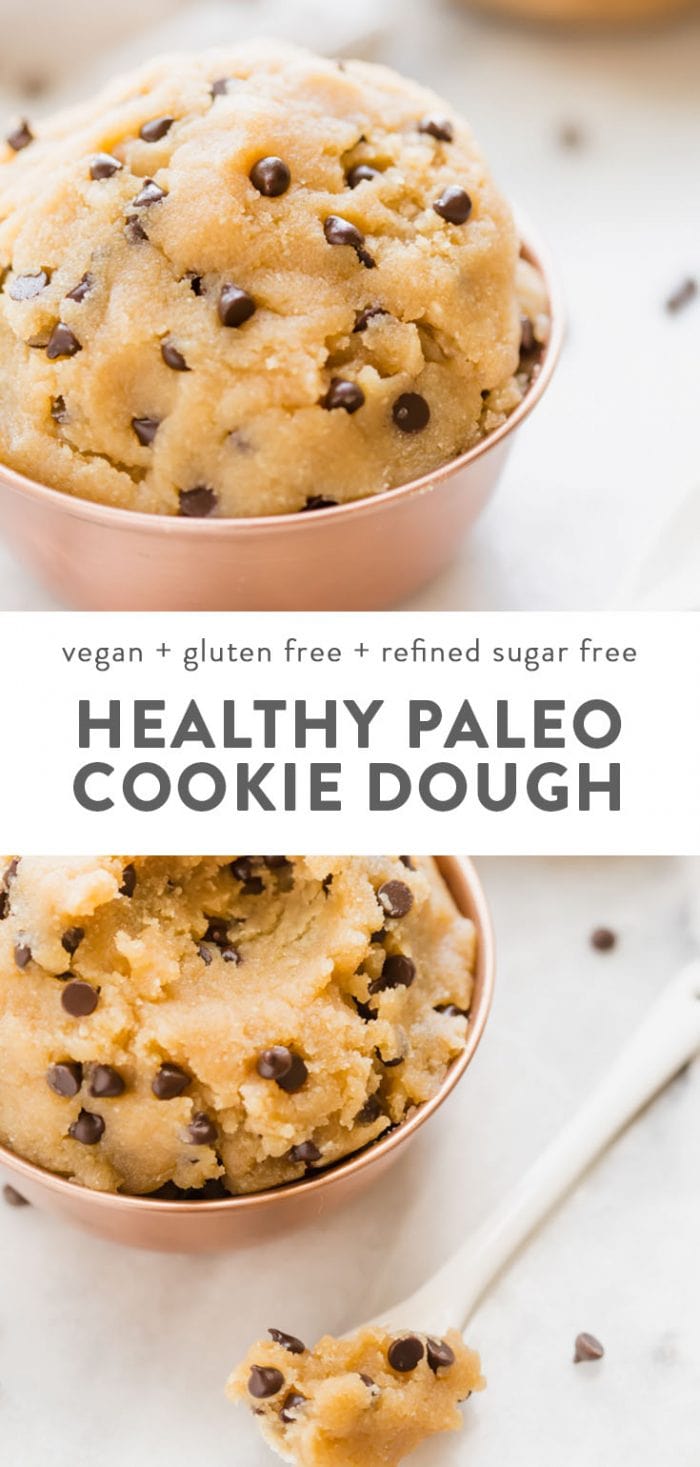 Healthy edible vegan and paleo cookie dough in a pink tin bowl on a marble table.