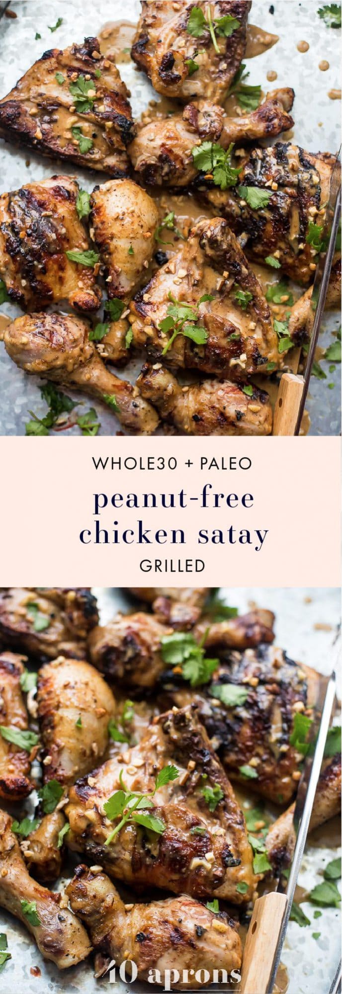 This grilled peanut-free chicken satay tastes just like the Thai classic but without any peanuts. It comes together quickly and won't heat up the kitchen, making this peanut-free chicken satay bound to be one of your favorite grilled paleo or grilled Whole30 recipes. This peanut-free chicken satay is stinkin' delicious and is such a great Whole30 dinner recipe or paleo dinner recipe. Even better that it's a grilled paleo recipe and grilled Whole30 recipe, right?! Yum!