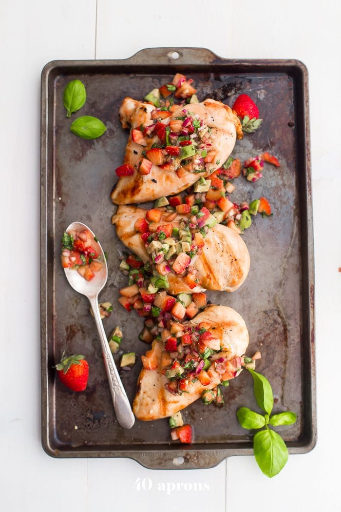 This Whole30 strawberry basil chicken with avocado is the ideal Whole30 grilled chicken recipe: quick, flavorful, and a little sweet! The perfect Whole30 dinner for those nights when you can't stand yet another savory recipe. While this Whole30 strawberry basil chicken with avocado is totally Whole30 compliant, it's perfect for anyone! Strawberry basil chicken needs to be a thing in your house... like yesterday.