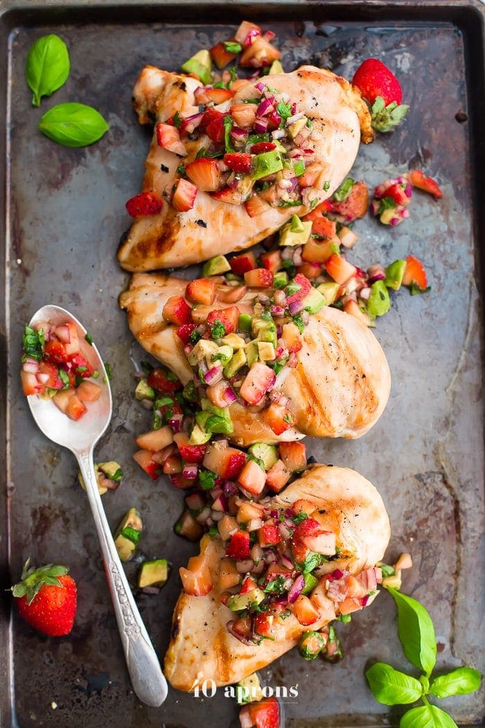This Whole30 strawberry basil chicken with avocado is the ideal Whole30 grilled chicken recipe: quick, flavorful, and a little sweet! The perfect Whole30 dinner for those nights when you can't stand yet another savory recipe. While this Whole30 strawberry basil chicken with avocado is totally Whole30 compliant, it's perfect for anyone! Strawberry basil chicken needs to be a thing in your house... like yesterday.