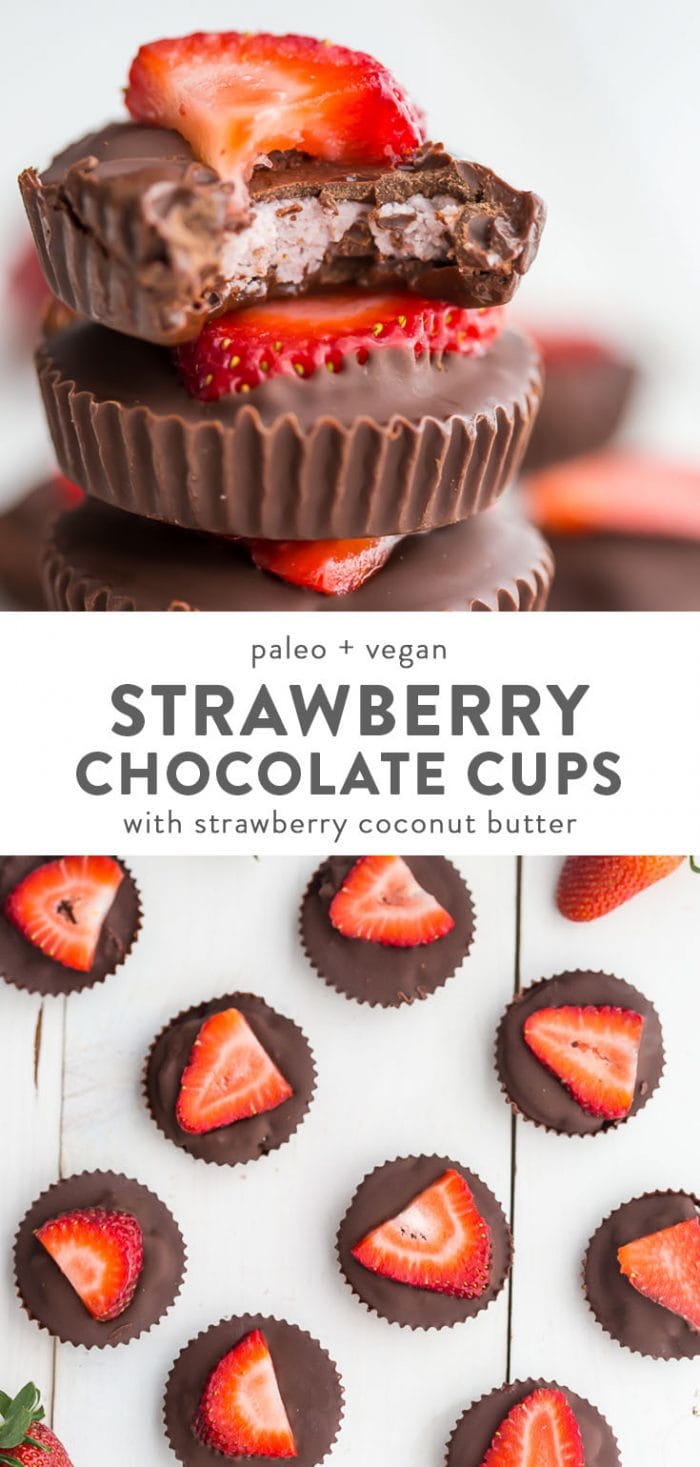 A stack and an assortment of paleo and vegan chocolate strawberry coconut butter cups on a white background.