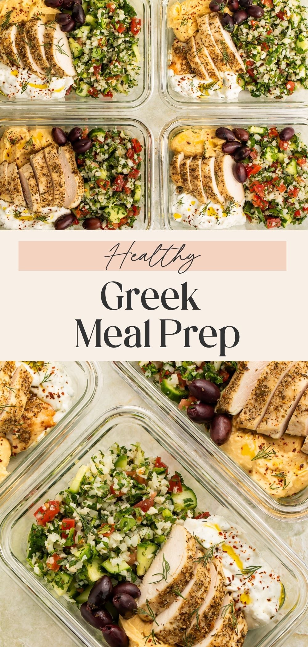 Glass meal prep containers filled with a chicken and cauliflower tabbouleh lunch.