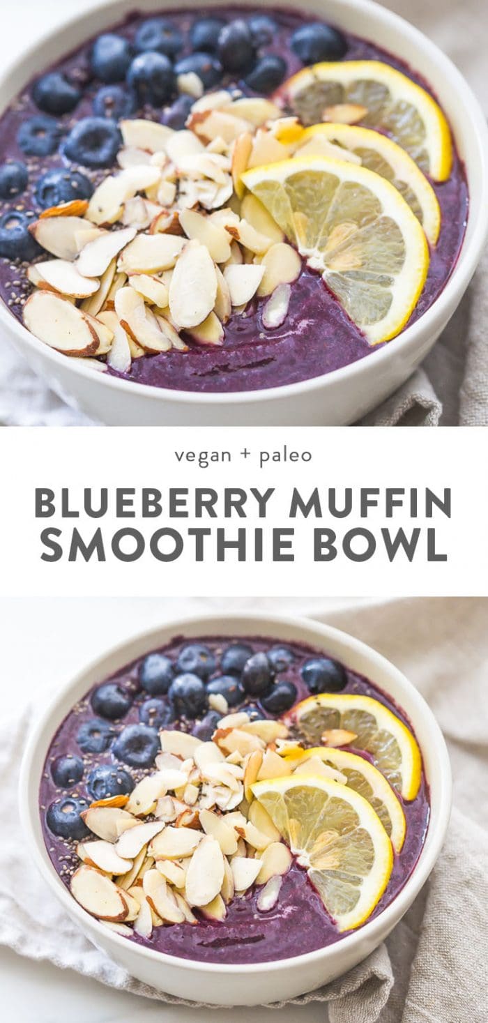 Blueberry muffin smoothie bowl with lemon, fresh blueberries, and almonds.