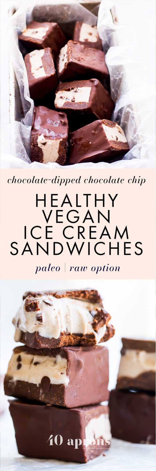 These healthy vegan ice cream sandwiches are out of control! Chocolate chip "nice cream" sandwiched between two raw chocolate cookies, dipped in chocolate? These healthy vegan ice cream sandwiches are basically about to be your breakfast, lunch, and dinner... If you're looking for healthy paleo ice cream sandwiches, you've come to the right place, my friend!
