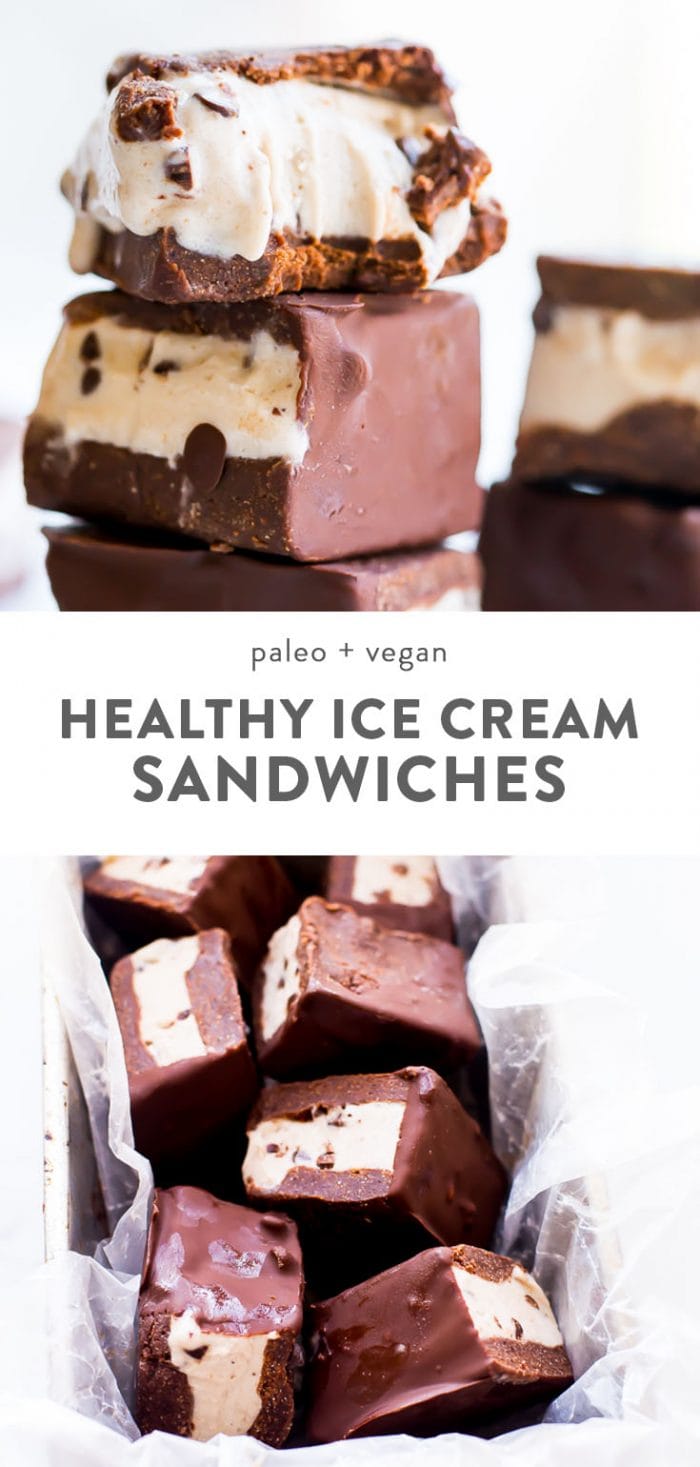 A stack of healthy vegan ice cream sandwiches, and paleo ice cream sandwiches in a bowl.