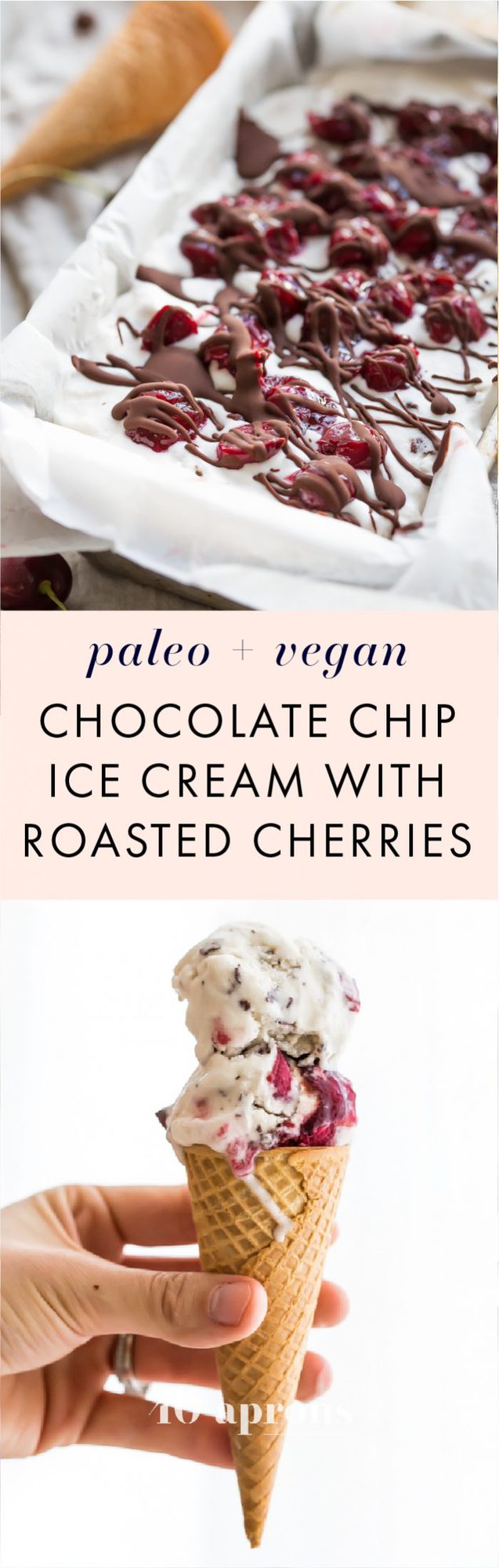 This paleo chocolate chip ice cream with roasted cherries is easy, rich, a bit tart, and totally delicious. With a vegan chocolate chip ice cream base, inspired by Italian stracciatella, it layers heady, roasted cherries, producing the perfect creamy, tart, chocolatey combination. Such a fantastic paleo ice cream recipe (or vegan ice cream recipe, if you prefer!). You absolutely must try this paleo chocolate chip ice cream with roasted cherries while the fruit is still in season.