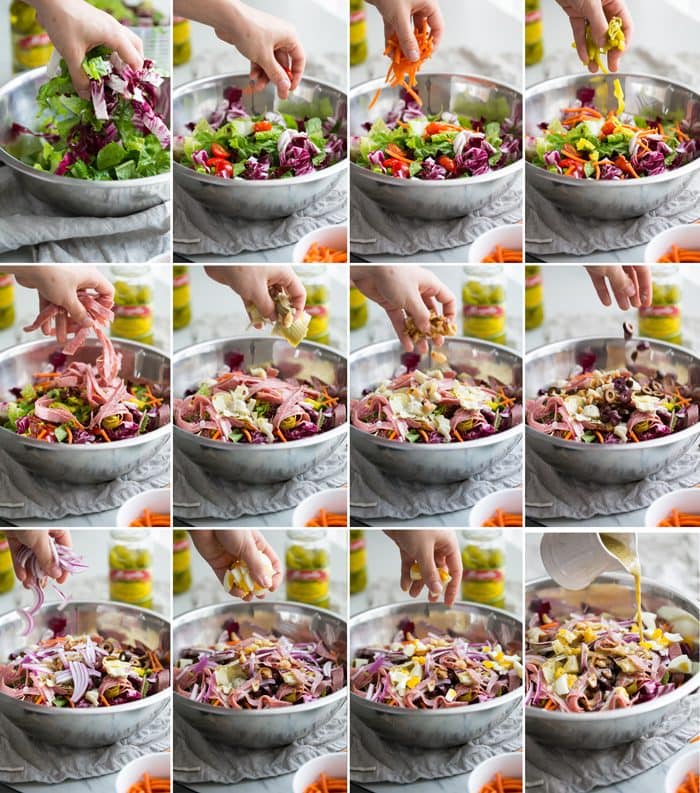 This paleo Italian salad is one of my very favorite paleo salads: loaded with radicchio, roasted garlic, olives, bright and spicy peperoncinis, salami, sun-dried tomatoes, and more. Such a great paleo dinner, paleo salad, or paleo side dish! Seriously, this paleo Italian salad will become a staple in your meal plan.