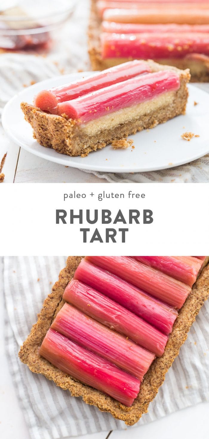 A slice of paleo rhubarb tart on a plate, and an overhead view of paleo rhubarb tart.