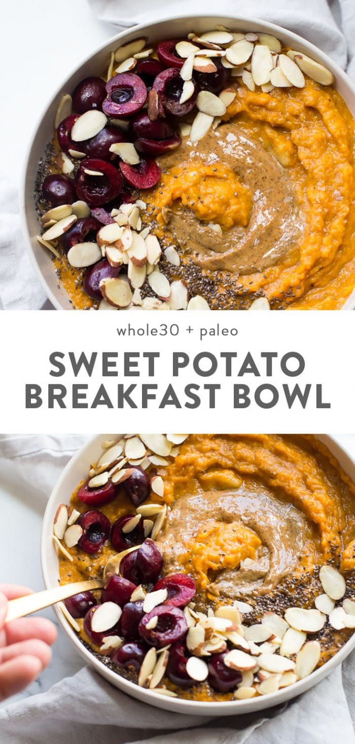 Paleo sweet potato breakfast bowl with nut butter and almonds.