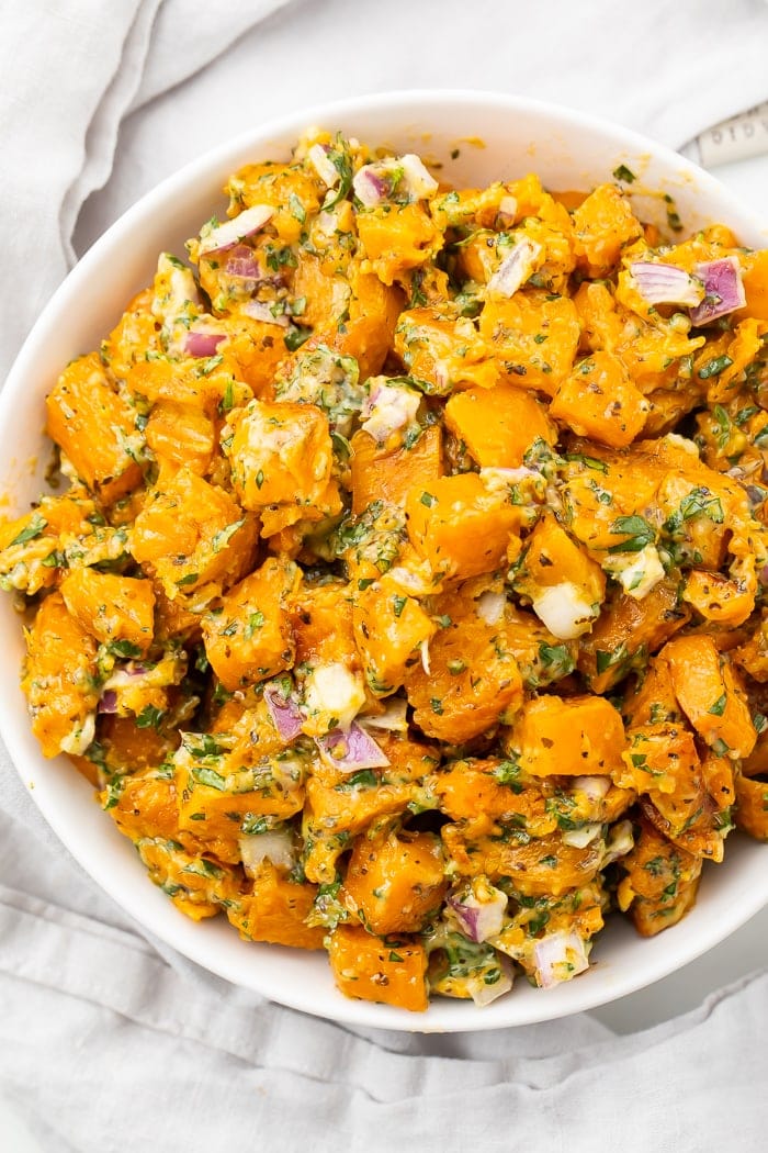 Overhead shot of sweet potato salad in a bowl