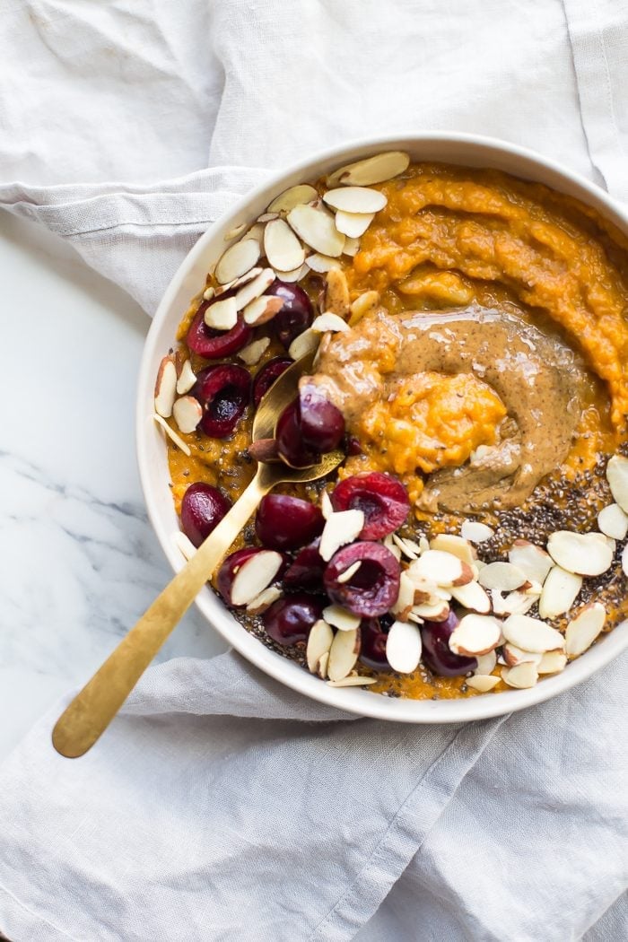 This sweet potato Whole30 breakfast bowl is the perfect Whole30 breakfast: quick and easy, a bit naturally sweet, packed with protein, fiber, and healthy fats. It's strangely delicious, considering how simple of a recipe it is! This sweet potato Whole30 breakfast bowl uses a banana and a couple eggs to generate some serious sticking power, and you'll love how quickly this Whole30 breakfast bowl comes together. Super versatile, too!