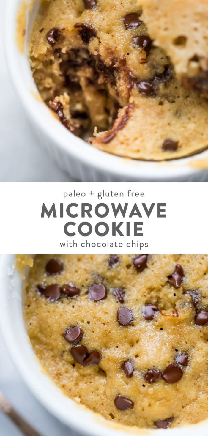 Paleo microwave cookie with chocolate chips in a white ramekin.