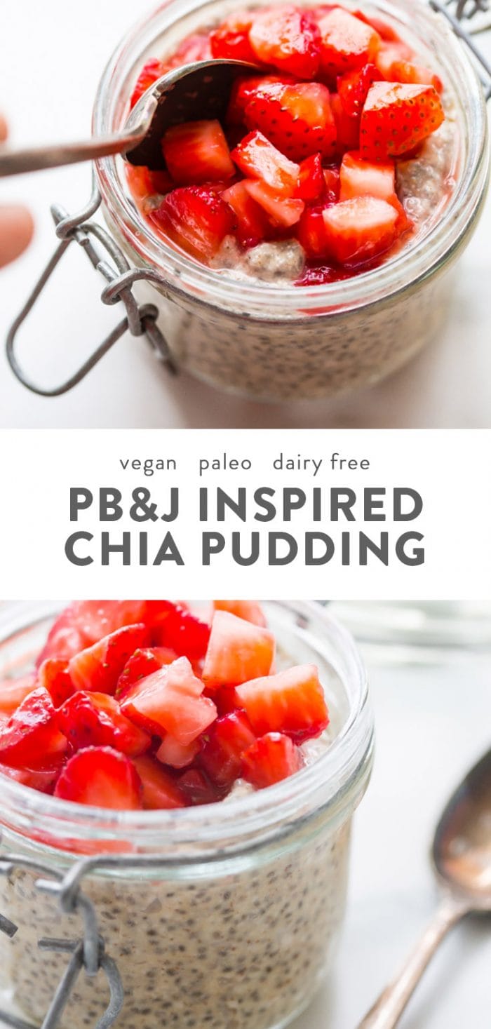 PBJ vegan chia pudding in a glass jar topped with strawberries.