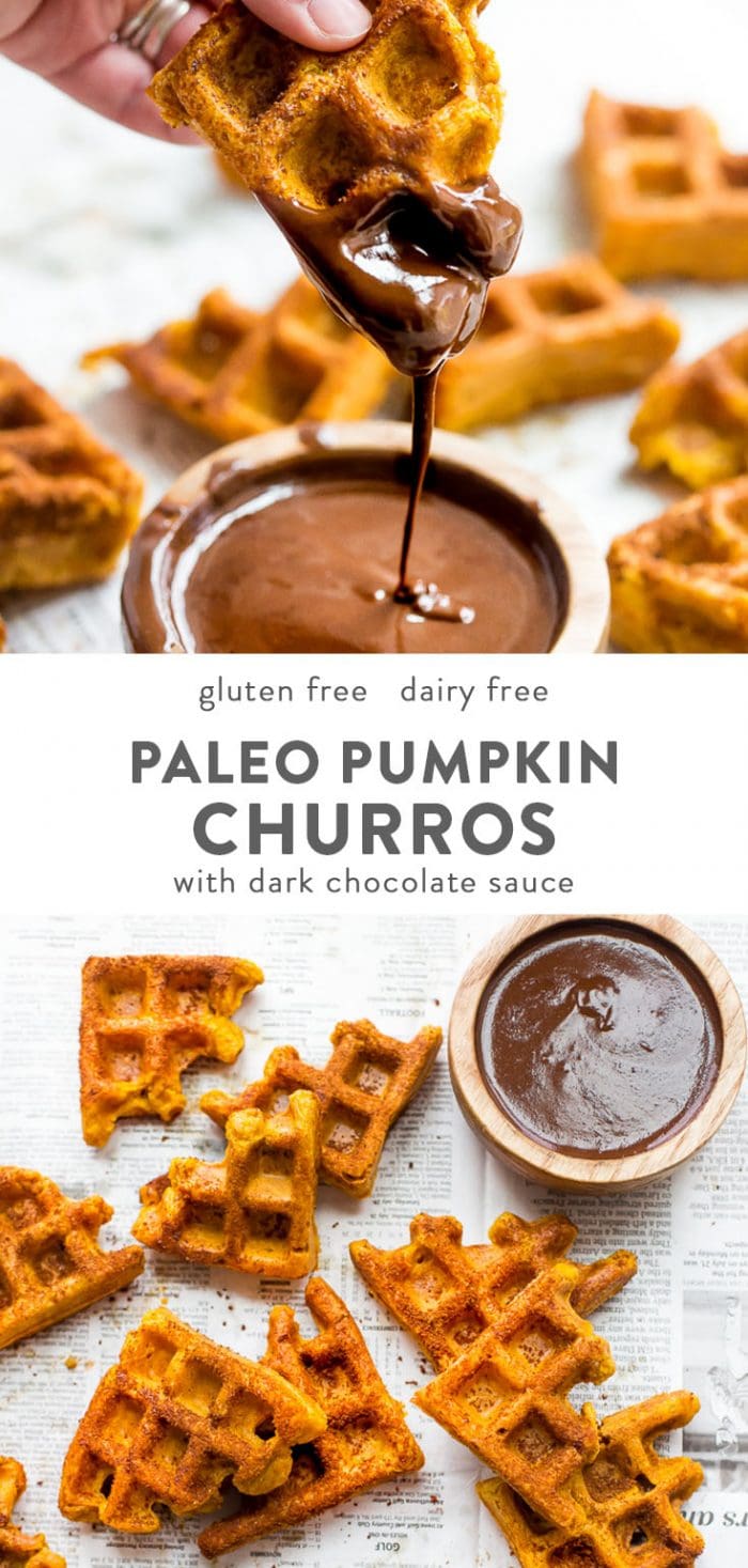 Paleo pumpkin churros with chocolate sauce.