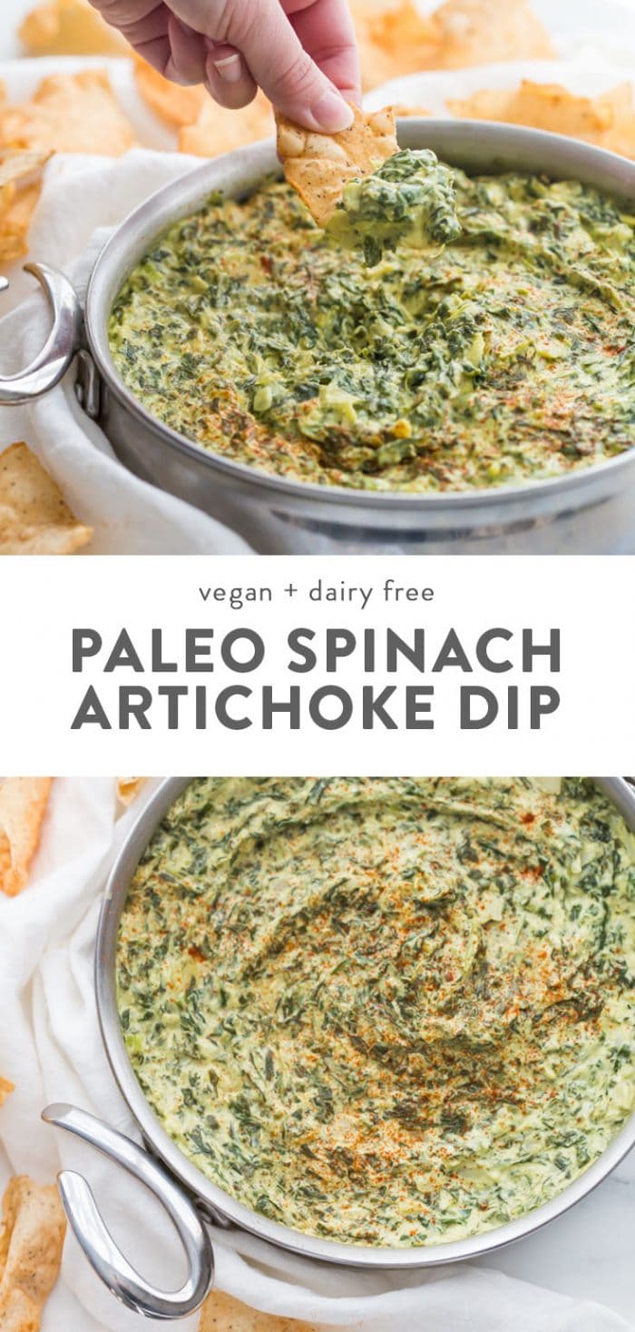 A serving dish of paleo spinach and artichoke dip.