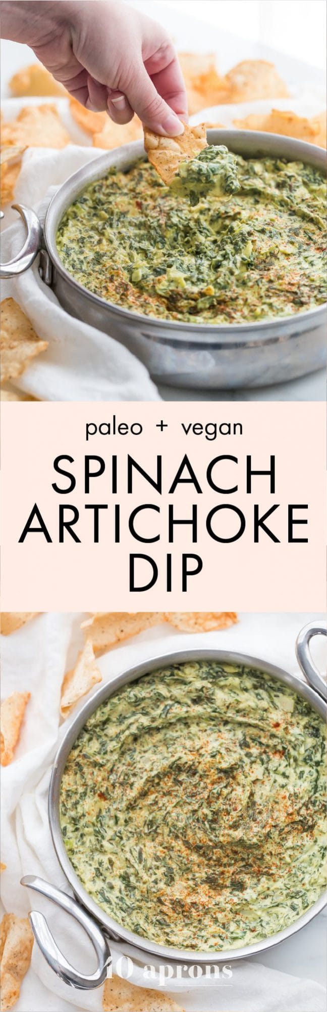 This paleo spinach artichoke dip is a healthy take on the classic appetizer. Rich and creamy, this vegan spinach artichoke dip is the perfect recipe for casual entertaining, especially in late summer and early fall. This paleo spinach artichoke dip is dairy free and goes perfectly with some paleo tortilla chips! One of my very favorite paleo appetizers, it really doesn't taste paleo!