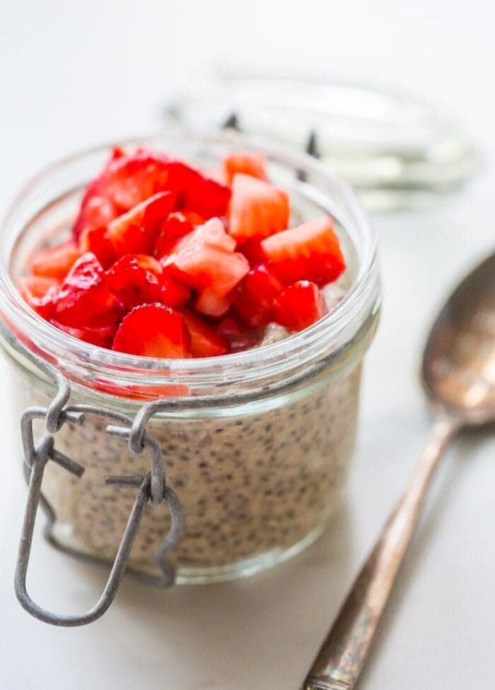 This is the best chia pudding recipe, inspired by the back-to-school classic, PB&J. With only a few ingredients, this is the best chia pudding recipe for a reason: it's perfectly sweet, filling, light, and refreshing, packed with flavor from the almond butter or peanut butter and sweet macerated strawberries. Such a perfect paleo chia pudding recipe or vegan chia pudding recipe!