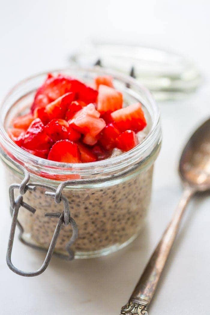 This is the best chia pudding recipe, inspired by the back-to-school classic, PB&J. With only a few ingredients, this is the best chia pudding recipe for a reason: it's perfectly sweet, filling, light, and refreshing, packed with flavor from the almond butter or peanut butter and sweet macerated strawberries. Such a perfect paleo chia pudding recipe or vegan chia pudding recipe!
