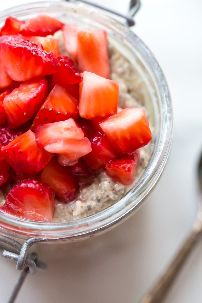 This is the best chia pudding recipe, inspired by the back-to-school classic, PB&J. With only a few ingredients, this is the best chia pudding recipe for a reason: it's perfectly sweet, filling, light, and refreshing, packed with flavor from the almond butter or peanut butter and sweet macerated strawberries. Such a perfect paleo chia pudding recipe or vegan chia pudding recipe!