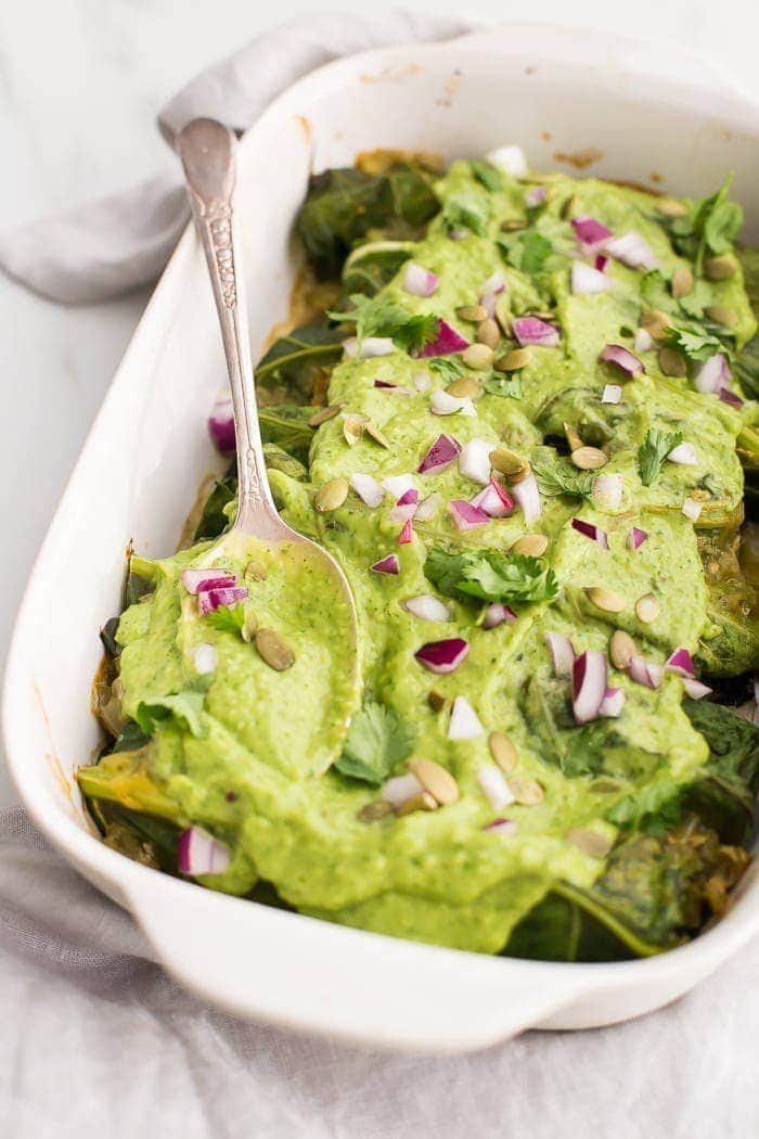 Whole30 Enchiladas with Poblano-Pork Stuffing & Creamy-Avocado Sauce