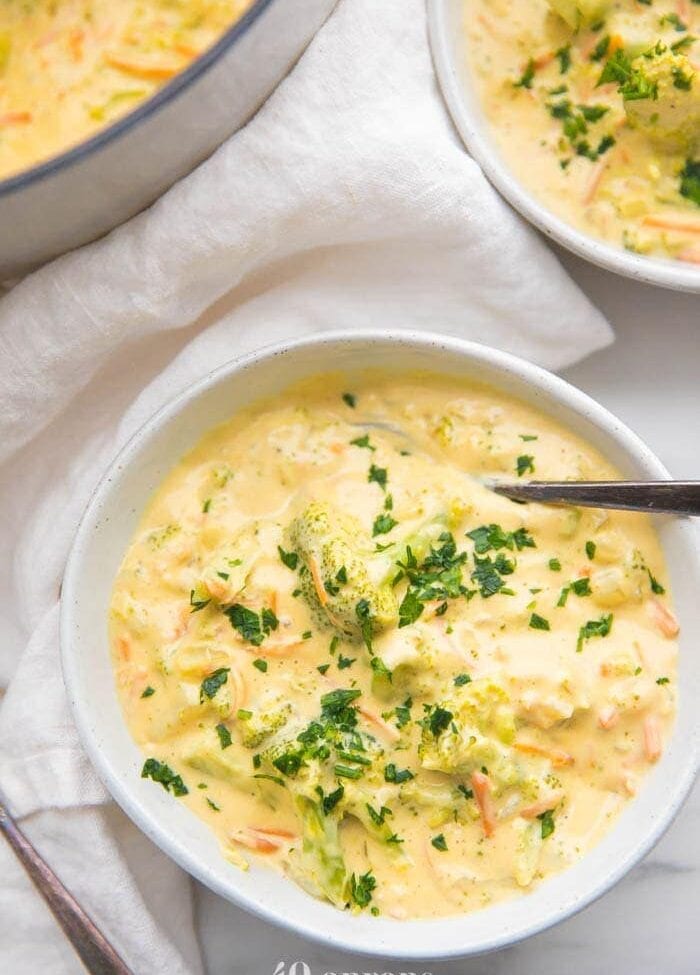 Cheesy vegan broccoli soup in a bowl