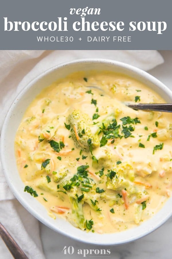 Cheesy vegan broccoli soup (Whole30) Pinterest image