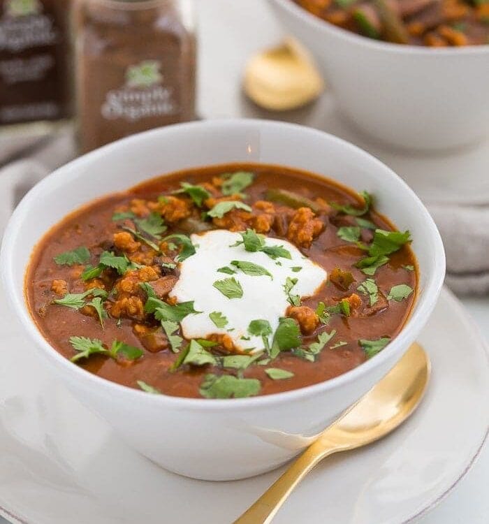 This chicken tikka masala chili is the stuff your dreams are made of. This Whole30 chili has a rich and creamy tomato sauce, with beautiful caramelized onions, garlic, and chiles, loaded with tender ground chicken and veggies. Inspired by my beloved chicken tikka masala recipe, this chicken tikka masala chili is a must make for fall! It'll surely become your favorite Whole30 chili, too.