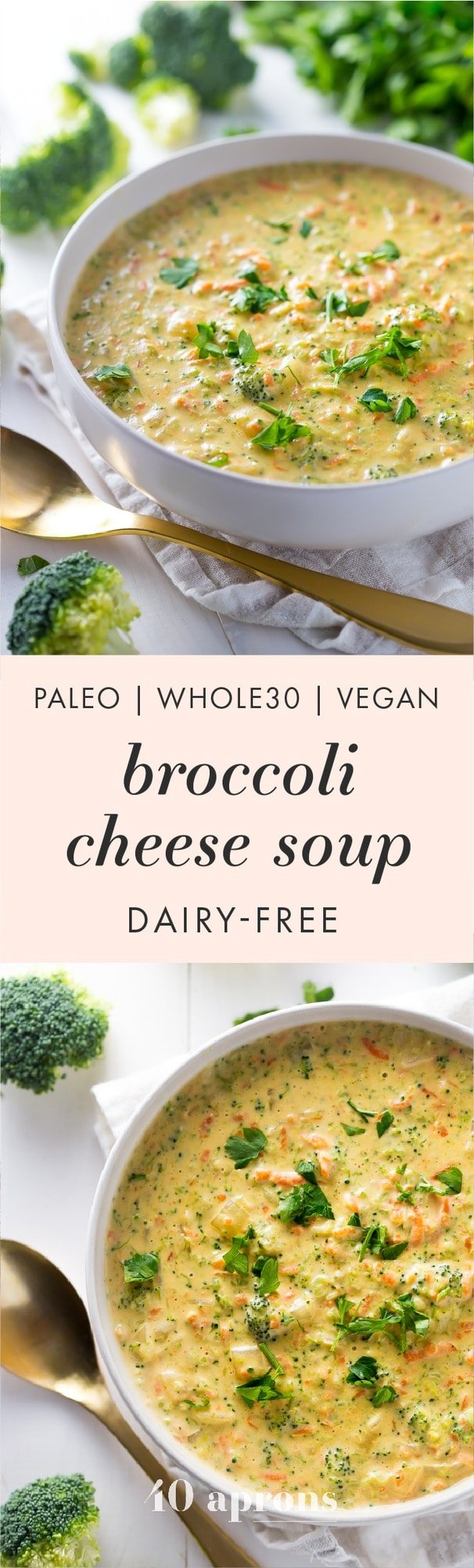 This paleo broccoli cheese soup is rich and creamy, easy to make, and a perfect paleo fall recipe. Whole30 compliant and totally dairy-free, there's plenty of cheesy flavor with none of the lactose and no weird ingredients! You'll fall in love with this paleo broccoli cheese soup, and it'll definitely become one of your favorite paleo fall recipes. 