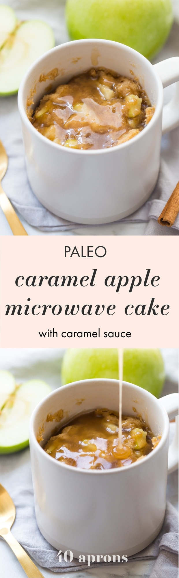 This paleo caramel apple microwave cake is indescribably good, with a moist cinnamon-spiced cake, tender green apples, and a 2-minute caramel sauce to top it all. I bet you'll make this paleo caramel apple microwave cake all the time, since it only take a few minutes to stir together and two minutes in the microwave to cook! This paleo caramel apple microwave cake is the perfect paleo microwave dessert. I'm obsessed!