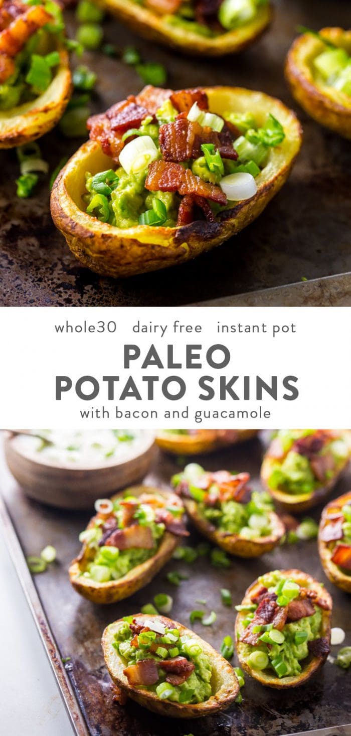 Paleo potato skins with bacon and guacamole on a baking sheet with a side of whole30 ranch dressing