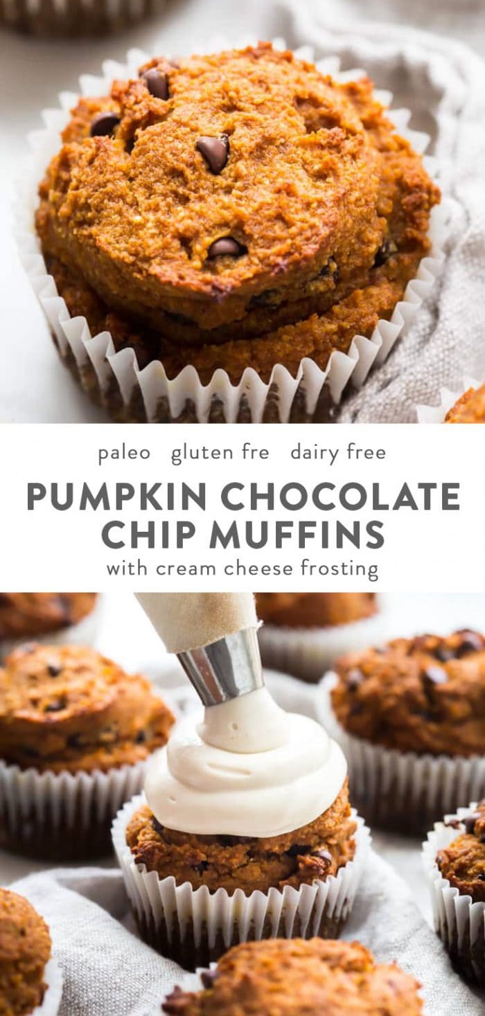 Paleo pumpkin chocolate chip muffins with cream cheese frosting.