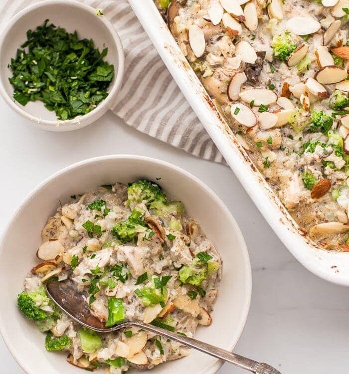 Whole30 casserole with chicken, broccoli, rice, and mushrooms