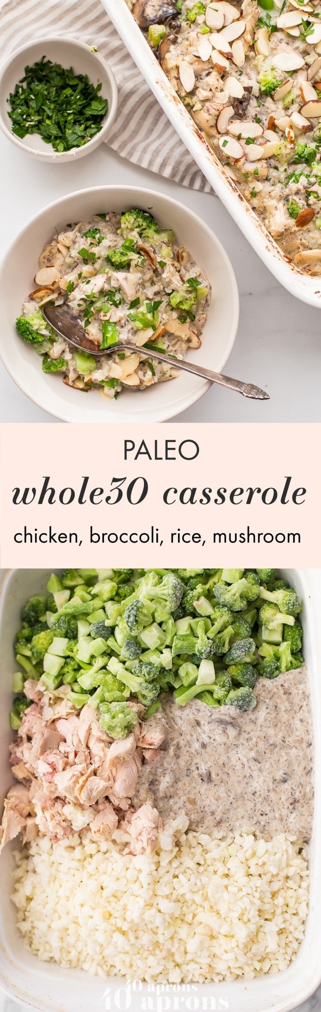 This Whole30 casserole is a perfect Whole30 fall recipe, loaded with warming and filling ingredients. This Whole30 casserole is made with chicken, broccoli, cauliflower rice, and mushrooms, making it full of protein, fiber, and healthy fats! This Whole30 casserole makes plenty of leftovers, making healthy lunches easy. With a homemade cream of mushroom soup, you'll love this Whole30 casserole on a round or anytime.