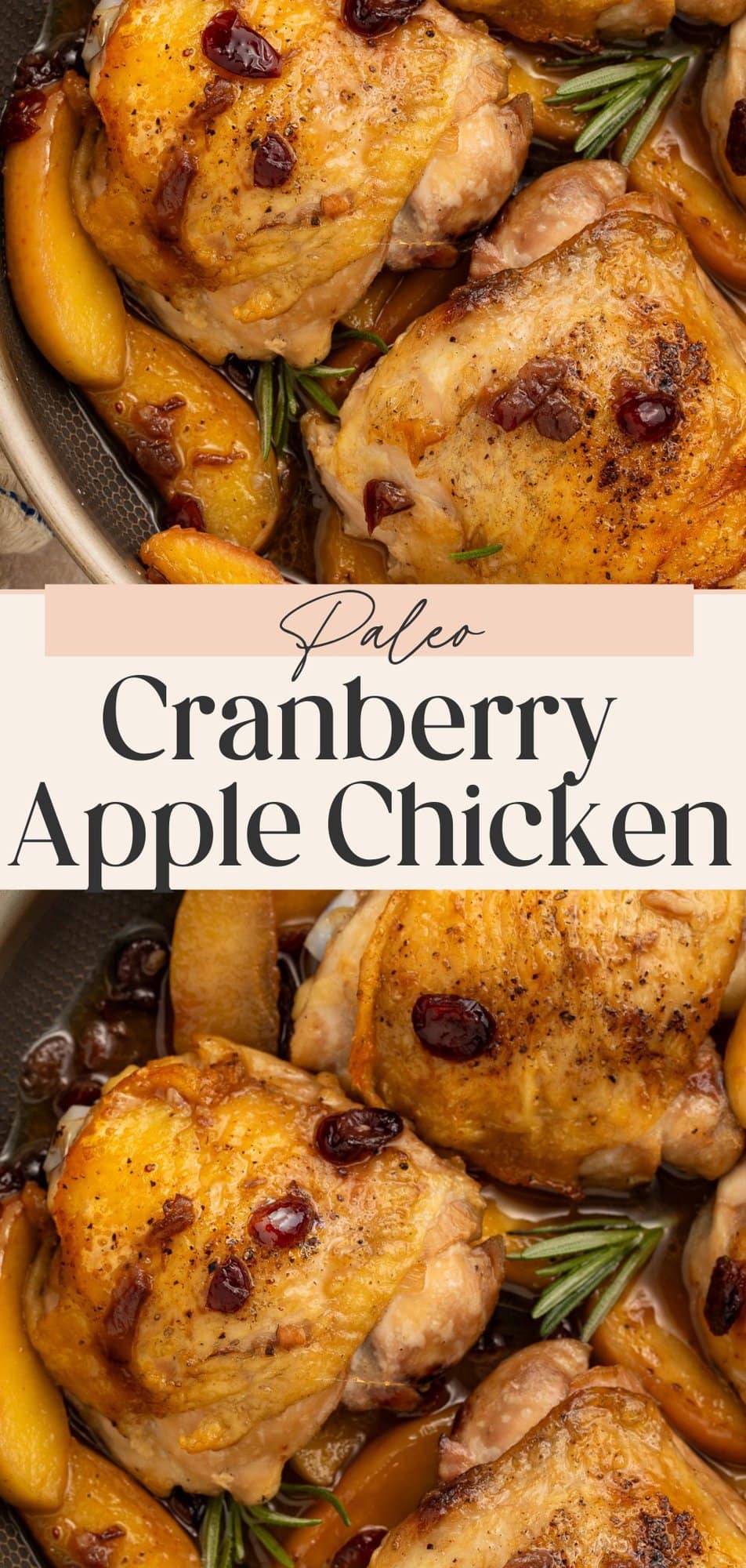 Pinterest pin for paleo cranberry apple chicken showing close-up with text overlay at bottom.