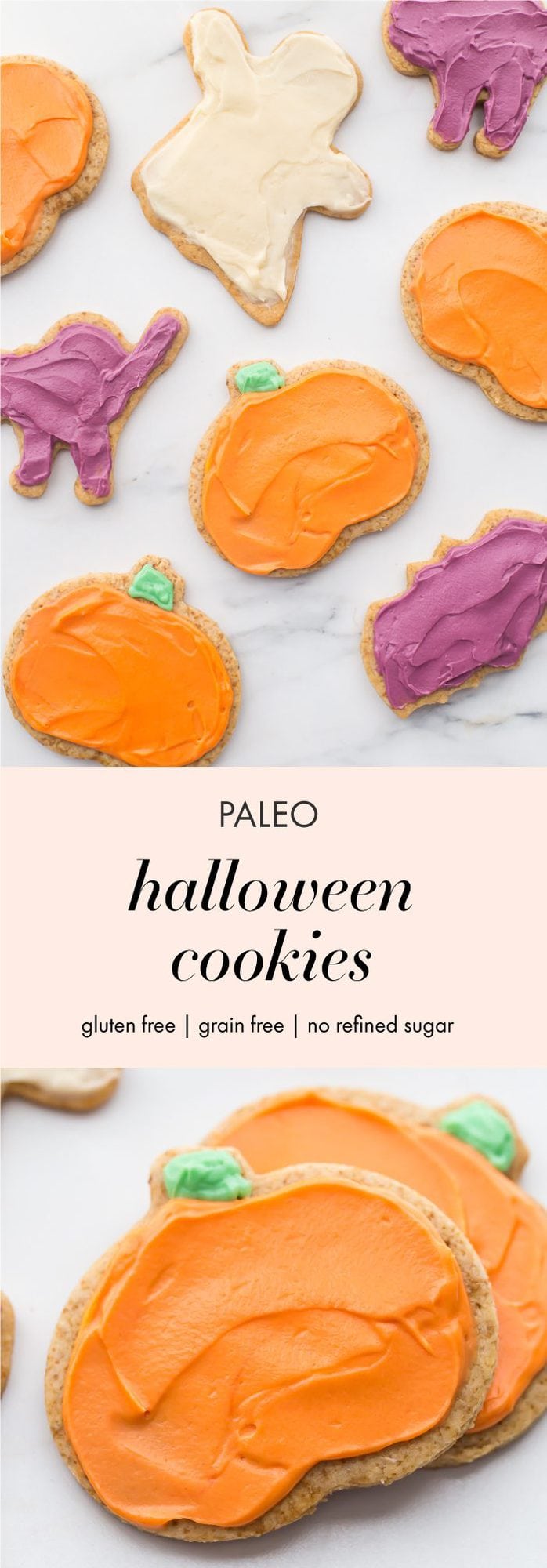 These paleo Halloween cookies are almost too cute to handle. Tender and soft with a paleo buttercream-style frosting, these paleo Halloween cookies are a must for this holiday! Whether you cut them into pumpkins, ghosts, or bats (or maybe zombies, anyone?), these paleo Halloween cookies are a healthier way to enjoy the classic holiday treat. No tricks here!