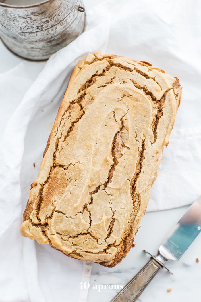 Loaf of paleo pumpkin bread with cream cheese swirl 