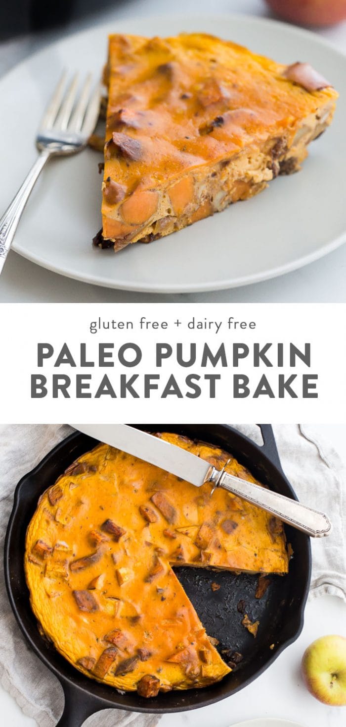 A slice of paleo pumpkin breakfast bake, and pumpkin breakfast egg casserole in a cast iron skillet.